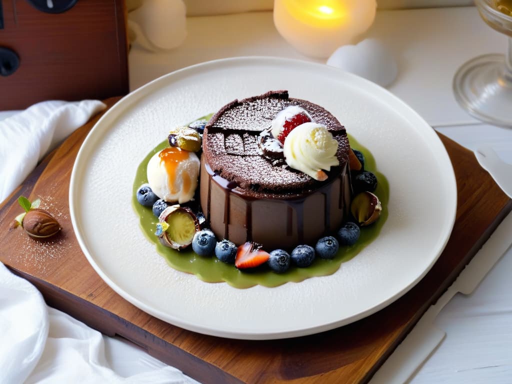  A photorealistic image of a beautifully arranged dessert plate featuring a decadent chocolate lava cake drizzled with caramel sauce, a scoop of creamy vanilla ice cream, fresh berries, and a sprinkle of crushed pistachios, all set against a pristine white ceramic plate placed on a rustic wooden table. The warm glow of candlelight illuminates the dessert, casting soft shadows that create an inviting and indulgent atmosphere. hyperrealistic, full body, detailed clothing, highly detailed, cinematic lighting, stunningly beautiful, intricate, sharp focus, f/1. 8, 85mm, (centered image composition), (professionally color graded), ((bright soft diffused light)), volumetric fog, trending on instagram, trending on tumblr, HDR 4K, 8K