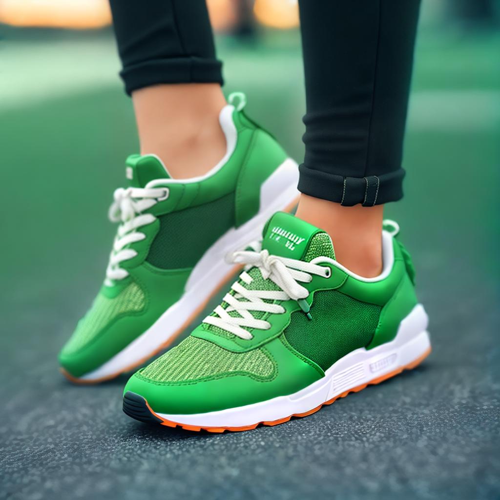  Women's sneakers, green color, beautiful girl ,highly detailed, cinematic lighting, stunningly beautiful, intricate, sharp focus, f1. 8, 85mm, (centered image composition), (professionally color graded), ((bright soft diffused light)), volumetric fog, trending on instagram, trending on tumblr, HDR 4K, 8K