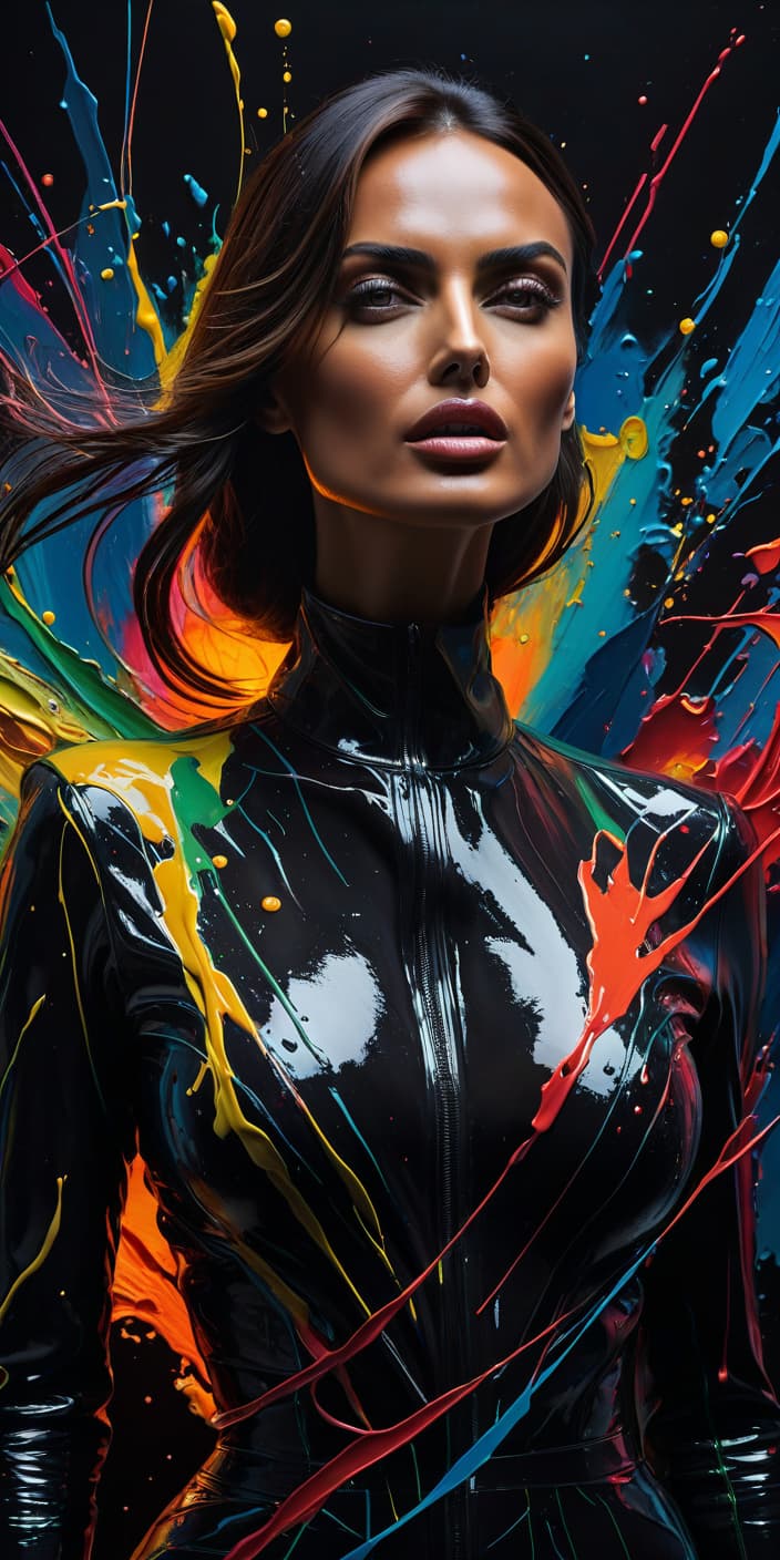  abstract expressionist painting Abstraction, black circles and lines on a black background turn into the face of Irina Shayk. . energetic brushwork, bold colors, abstract forms, expressive, emotional hyperrealistic, full body, detailed clothing, highly detailed, cinematic lighting, stunningly beautiful, intricate, sharp focus, f/1. 8, 85mm, (centered image composition), (professionally color graded), ((bright soft diffused light)), volumetric fog, trending on instagram, trending on tumblr, HDR 4K, 8K