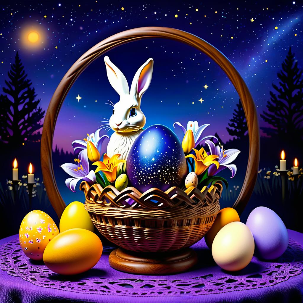  ethereal fantasy concept art of (Sky):starry night. (Colour):dark blue, violet, lilac. Yellow, orange cream lilies blossom on the background of the starry sky. On the openwork tablecloth is an Easter basket with Easter eggs. In the centre of the basket is a large decorative glass egg on a carved wooden stand. In the egg sits the Easter Bunny. (Bunny). Description: a small fluffy adorable bunny. Wool of delicate pastel colours: blue, lilac, the colour of cocoa with milk. Sits in the young grass around him painted Easter eggs: lilac pink orange red, blue, lettuce. . magnificent, celestial, ethereal, painterly, epic, majestic, magical, fantasy art, cover art, dreamy hyperrealistic, full body, detailed clothing, highly detailed, cinematic lighting, stunningly beautiful, intricate, sharp focus, f/1. 8, 85mm, (centered image composition), (professionally color graded), ((bright soft diffused light)), volumetric fog, trending on instagram, trending on tumblr, HDR 4K, 8K