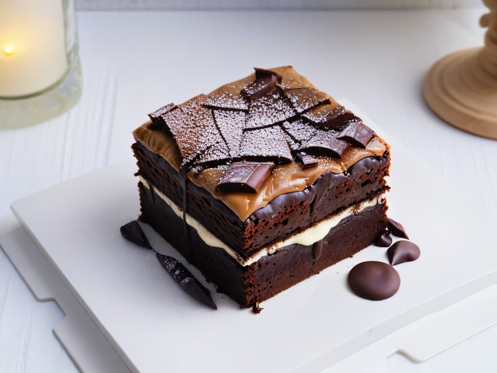  A closeup, ultradetailed image of a freshly baked brownie with a perfectly crackled top, revealing a fudgy interior studded with pockets of gooey melted chocolate. The brownie sits on a sleek, minimalist white plate, emphasizing its rich texture and intense flavor. The lighting is soft, casting gentle shadows that highlight the intricate details of the dessert, inviting the viewer to indulge in its decadent perfection. hyperrealistic, full body, detailed clothing, highly detailed, cinematic lighting, stunningly beautiful, intricate, sharp focus, f/1. 8, 85mm, (centered image composition), (professionally color graded), ((bright soft diffused light)), volumetric fog, trending on instagram, trending on tumblr, HDR 4K, 8K