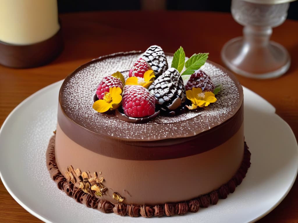  An ultradetailed image of a delicate, intricately designed dessert plated on a sleek, modern dish. The dessert is a work of art, featuring layers of velvety chocolate mousse, topped with a glimmering raspberry glaze, and garnished with delicate edible flowers and gold leaf accents. The presentation is precise and visually stunning, showcasing the meticulous craftsmanship and attention to detail that goes into creating a truly multisensorial dessert experience. hyperrealistic, full body, detailed clothing, highly detailed, cinematic lighting, stunningly beautiful, intricate, sharp focus, f/1. 8, 85mm, (centered image composition), (professionally color graded), ((bright soft diffused light)), volumetric fog, trending on instagram, trending on tumblr, HDR 4K, 8K