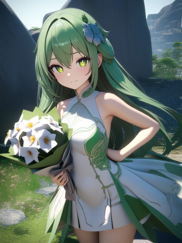  (masterpiece,best quality,highly detailed,ultra detailed,high resolution,perfect anatomy,absurdres,4K,8K:1.2),3d,anime,doujin,bloom,high brightness,(ultra detailed mesmerizing eyes,ultra intricate pupil in eyes),1girl,(Venusaur image dress),hair,( green,natural tones,petals inspired waves),eyes,(large,green,with small flower design),face,( gentle expression,warm smile),body,(curves inspired by Venusaur's flowers and leaves,adorned with flower accessories and green ribbons),clothing,(natural and cute dress,skirt with gr and flower patterns,green themed accessories),pose,(harmonious and natural,holding a small bouquet,smiling in a nature inspired setting),(ultra detailed cloth texture),dress,<lora:dressLo:0.6>, masterpiece, best quality,8k,ul