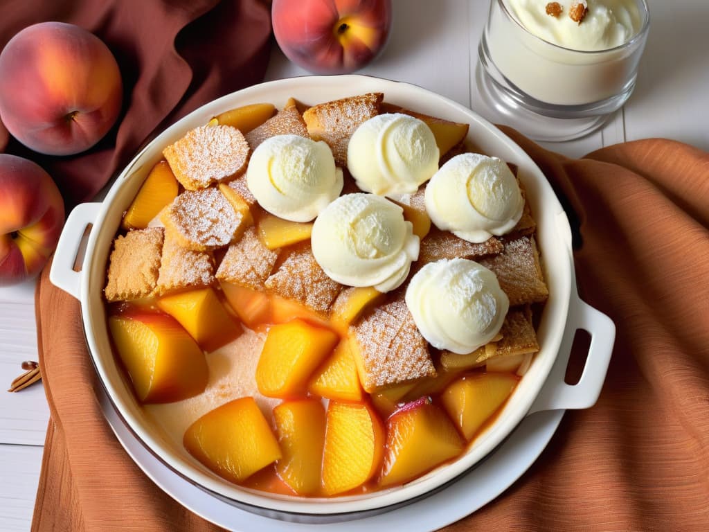  A closeup, photorealistic image of a freshly baked peach cobbler, showcasing the goldenbrown crust glistening with sugar crystals, topped with a scoop of vanilla ice cream slowly melting into the warm, juicy peaches. The background is softly blurred, emphasizing the rich textures and inviting warmth of this classic Southern dessert. hyperrealistic, full body, detailed clothing, highly detailed, cinematic lighting, stunningly beautiful, intricate, sharp focus, f/1. 8, 85mm, (centered image composition), (professionally color graded), ((bright soft diffused light)), volumetric fog, trending on instagram, trending on tumblr, HDR 4K, 8K