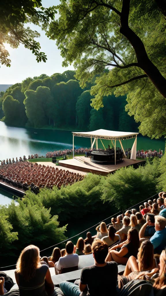  (A large outdoor amphitheater surrounded by lush greenery, with a view of a serene lake in the background. A live band is performing on stage, and people are gathered in the shade of the surrounding trees, enjoying the music and scenery.) hyperrealistic, full body, detailed clothing, highly detailed, cinematic lighting, stunningly beautiful, intricate, sharp focus, f/1. 8, 85mm, (centered image composition), (professionally color graded), ((bright soft diffused light)), volumetric fog, trending on instagram, trending on tumblr, HDR 4K, 8K