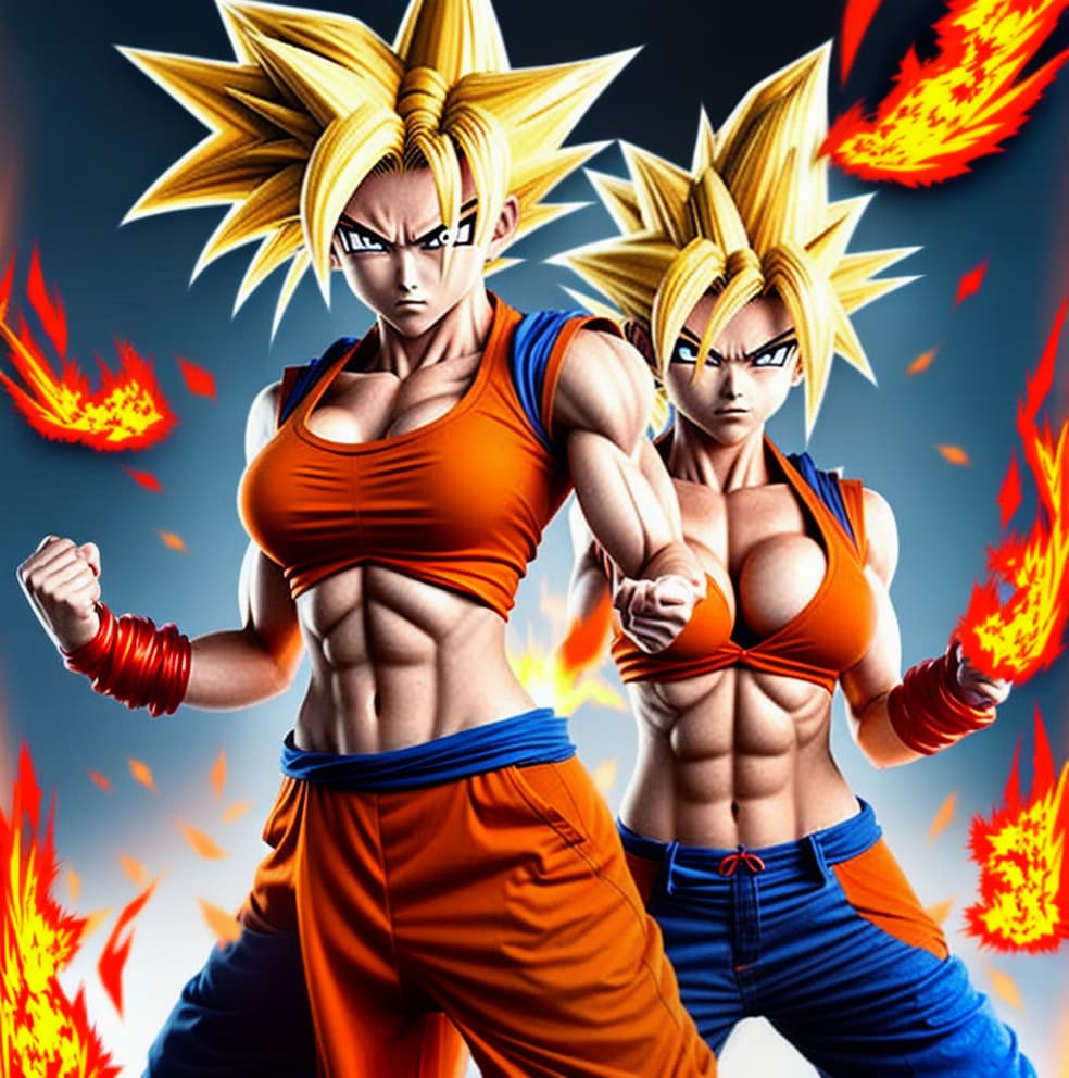  Female super sayan, red goku kostüm. Cute body. Sayan hair, fire eyes, fire hands, high resolution