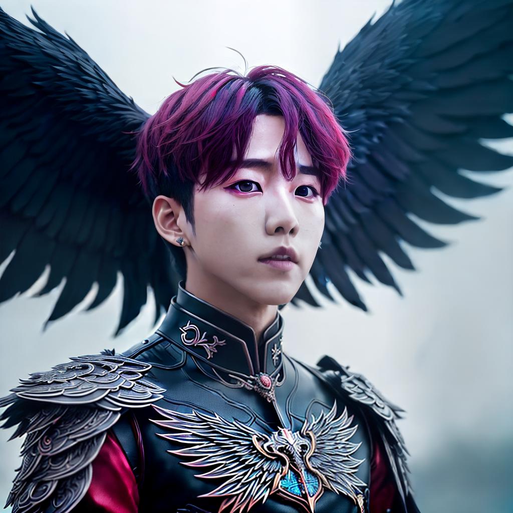  BTS's Jeong Hoseok as a demon with black wings, detailing, pixel detailing ,highly detailed, cinematic lighting, stunningly beautiful, intricate, sharp focus, f1. 8, 85mm, (centered image composition), (professionally color graded), ((bright soft diffused light)), volumetric fog, trending on instagram, trending on tumblr, HDR 4K, 8K