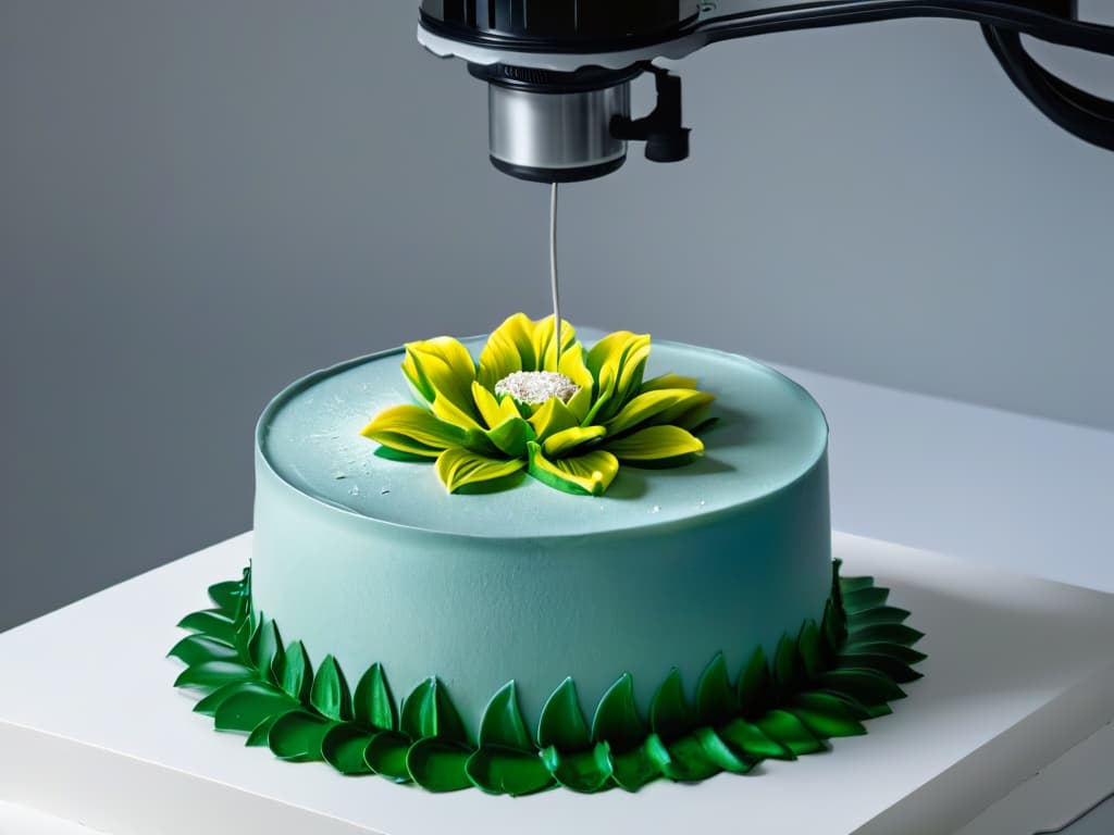  An ultradetailed 8k image of a sleek, modern 3D printer in action, meticulously crafting a delicate and intricate sugar flower decoration for a cake. The printer's precise movements are highlighted, showcasing the fusion of technology and art in the world of 3D printed pastry decorations. The color palette is a mix of cool metallic tones contrasting with the vibrant hues of the sugar flower, creating a visually striking and futuristic image that embodies the essence of the article's exploration of the future of pastry artistry. hyperrealistic, full body, detailed clothing, highly detailed, cinematic lighting, stunningly beautiful, intricate, sharp focus, f/1. 8, 85mm, (centered image composition), (professionally color graded), ((bright soft diffused light)), volumetric fog, trending on instagram, trending on tumblr, HDR 4K, 8K