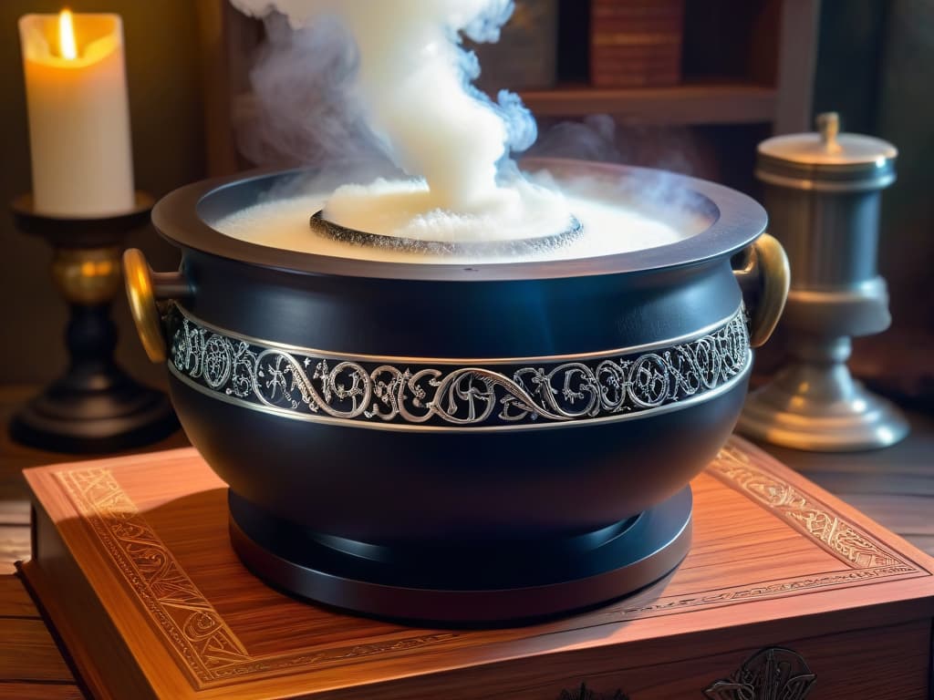  An exquisitely detailed, 8k ultradetailed generation image of a sleek, black cauldron adorned with intricate silver engravings of magical symbols and crests inspired by the world of Harry Potter. The cauldron sits atop a polished wooden table, softly illuminated by a warm, ethereal glow emanating from within. Wisps of shimmering, iridescent mist swirl delicately above the cauldron, hinting at the potent enchantments brewing within. The scene exudes an aura of mystery and enchantment, inviting the viewer to partake in the magical art of pastrymaking with a touch of wizardry. hyperrealistic, full body, detailed clothing, highly detailed, cinematic lighting, stunningly beautiful, intricate, sharp focus, f/1. 8, 85mm, (centered image composition), (professionally color graded), ((bright soft diffused light)), volumetric fog, trending on instagram, trending on tumblr, HDR 4K, 8K