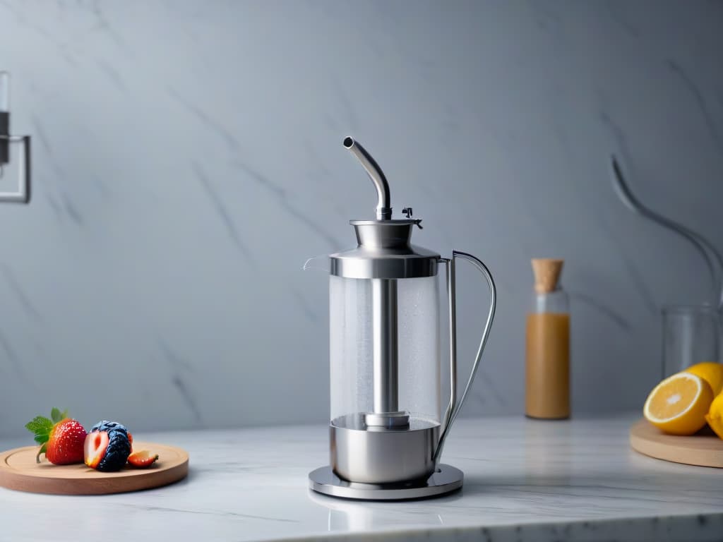  A closeup, photorealistic image of a sleek, stainless steel kitchen siphon for making sweet foams and creams. The siphon is elegantly displayed on a marble countertop, catching the light to highlight its polished surface. The background is blurred to keep the focus solely on the siphon, emphasizing its professional and highquality design. hyperrealistic, full body, detailed clothing, highly detailed, cinematic lighting, stunningly beautiful, intricate, sharp focus, f/1. 8, 85mm, (centered image composition), (professionally color graded), ((bright soft diffused light)), volumetric fog, trending on instagram, trending on tumblr, HDR 4K, 8K