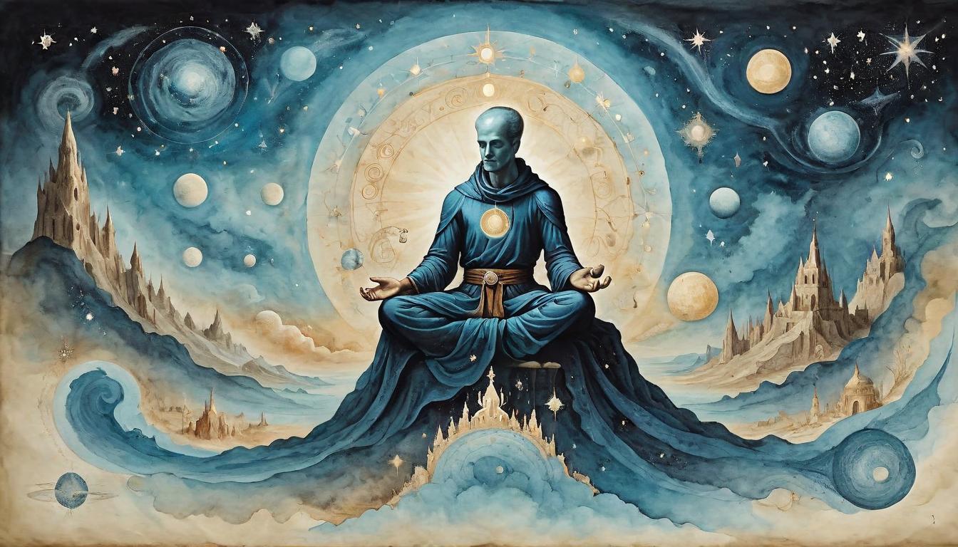  on parchment, surrealism+++, Meditative figure, surrounded by dissolving boundaries, cosmic odyssey begins, starry expanse, transcendent meditation, cosmic journey(mysterious, provocative, symbolic,muted color)+++