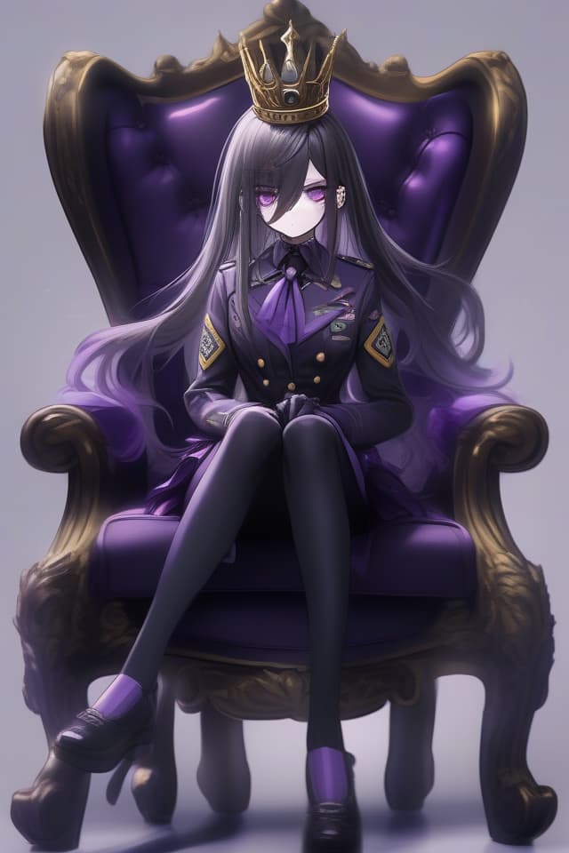  high quality,detailed,ultra detailed,hyper detailed,insanely detailed,highres,absurdres,schoolboy,man,king,lonely,expressionless,neutral,serious look,serious expression,sitting,looking at viewer,hair between eyes,straight hair,long hair,black hair,gradient hair,purple hair,purple eyes,odd eyes,green eyes,big eyes,heterochromia,fair skin,short,slim,frilled clothing,pants,military uniform,crown,purple background,black background,white background,gray background,with a king chair,dark atmosphere,gothic atmosphere,full body shot,from front,ground level shot