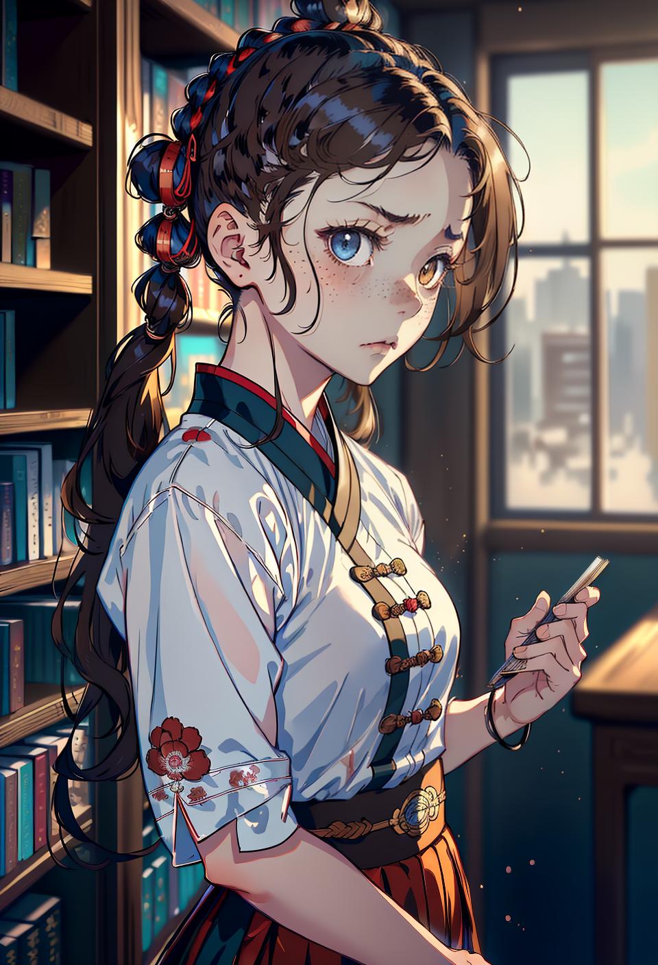  ((trending, highres, masterpiece, cinematic shot)), 1girl, chibi, female chinese outfit, library scene, medium-length wavy brown hair, mohawk hairstyle, narrow heterochromia eyes, tough personality, sad expression, freckles, fair skin, magical, observant