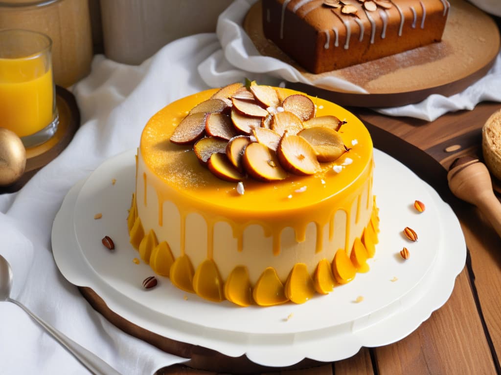  A closeup, ultradetailed image of a freshly baked, goldenbrown glutenfree African mango cake topped with sliced almonds and a drizzle of honey, placed on a rustic wooden table. The cake is perfectly moist, with visible specks of fresh mango throughout, exuding a mouthwatering aroma. The almonds are delicately toasted, adding a crunchy texture to the soft cake, while the honey glistens under a soft, natural light, highlighting the cake's natural ingredients and inviting presentation. hyperrealistic, full body, detailed clothing, highly detailed, cinematic lighting, stunningly beautiful, intricate, sharp focus, f/1. 8, 85mm, (centered image composition), (professionally color graded), ((bright soft diffused light)), volumetric fog, trending on instagram, trending on tumblr, HDR 4K, 8K