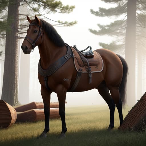  In the background, a pile of logs in the foreground, a light brown horse with a white mane with a harness standing next to the logs. hyperrealistic, full body, detailed clothing, highly detailed, cinematic lighting, stunningly beautiful, intricate, sharp focus, f/1. 8, 85mm, (centered image composition), (professionally color graded), ((bright soft diffused light)), volumetric fog, trending on instagram, trending on tumblr, HDR 4K, 8K