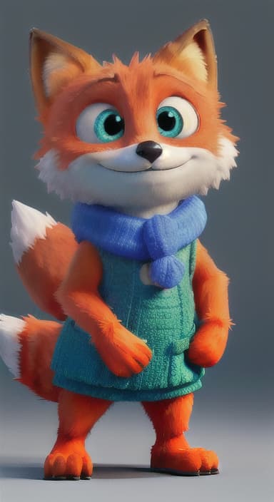  {Error the fox pressing the blue button with his paw, looking puzzled as nothing occurs., Error is a small, bright orange fox with a fluffy tail and big, inquisitive eyes. He has a mischievous yet kind expression and wears a tiny green scarf.