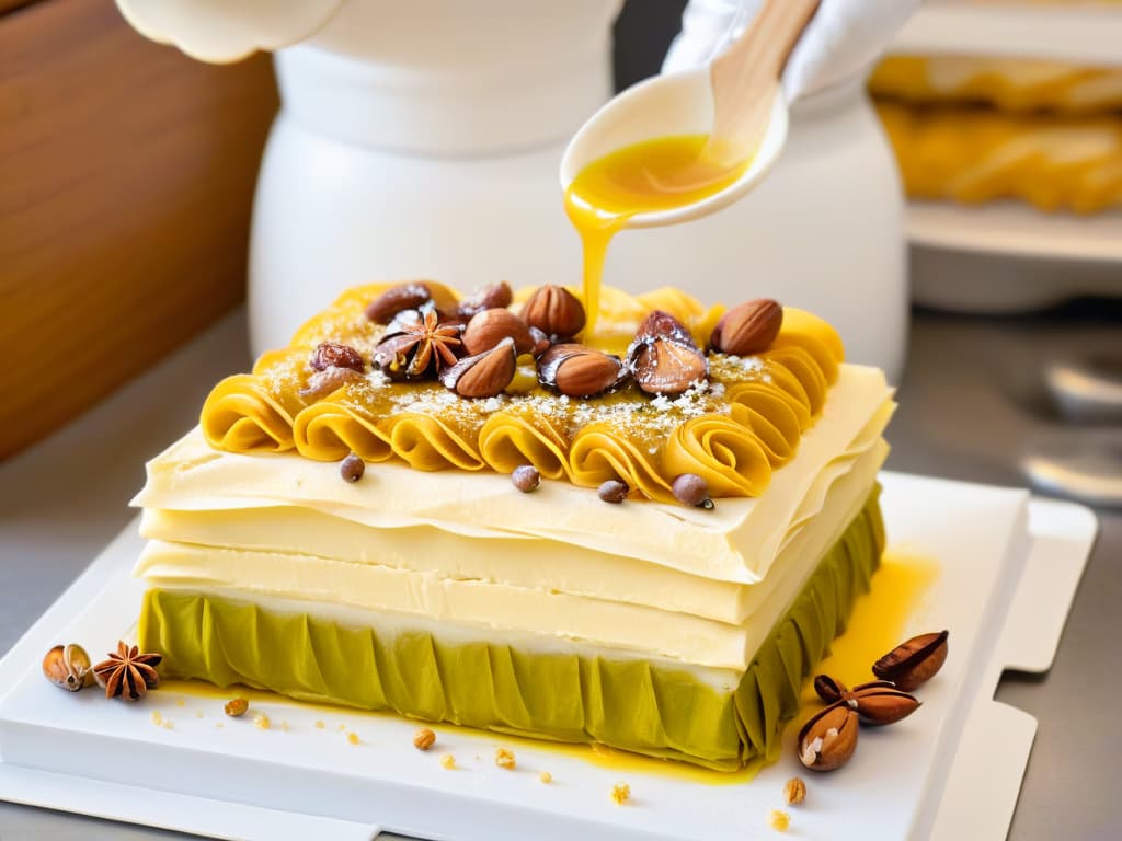  An ultradetailed closeup image of layers of phyllo dough being delicately brushed with clarified butter, interspersed with finely chopped nuts and spices, ready to be baked to golden perfection for making traditional Baklava. hyperrealistic, full body, detailed clothing, highly detailed, cinematic lighting, stunningly beautiful, intricate, sharp focus, f/1. 8, 85mm, (centered image composition), (professionally color graded), ((bright soft diffused light)), volumetric fog, trending on instagram, trending on tumblr, HDR 4K, 8K