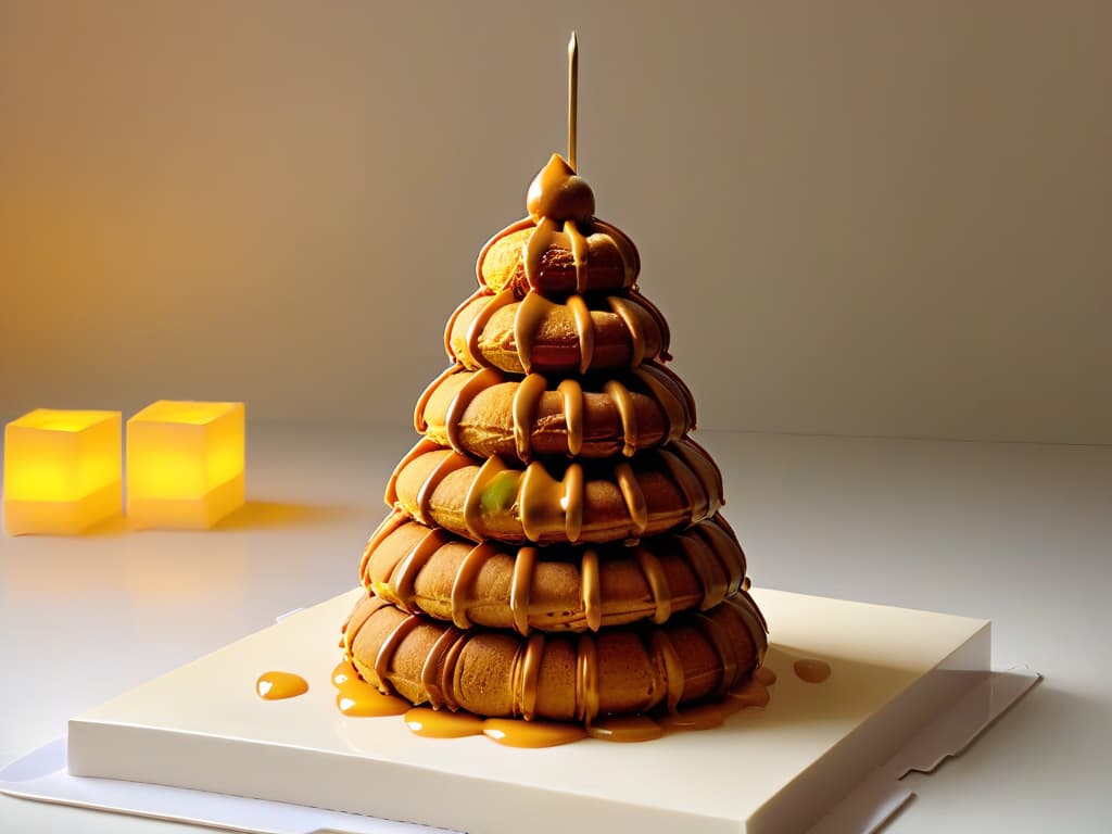  A highresolution, minimalist image of a perfectly goldenbrown croquembouche, a traditional French dessert, elegantly stacked and drizzled with a delicate caramel glaze. Each profiterole glistens under soft lighting, showcasing the meticulous craftsmanship and artistry inherent in French pastry making. The background is a subtle gradient that enhances the dessert's visual appeal, with a focus on texture, shine, and the intricate details of the dessert. hyperrealistic, full body, detailed clothing, highly detailed, cinematic lighting, stunningly beautiful, intricate, sharp focus, f/1. 8, 85mm, (centered image composition), (professionally color graded), ((bright soft diffused light)), volumetric fog, trending on instagram, trending on tumblr, HDR 4K, 8K