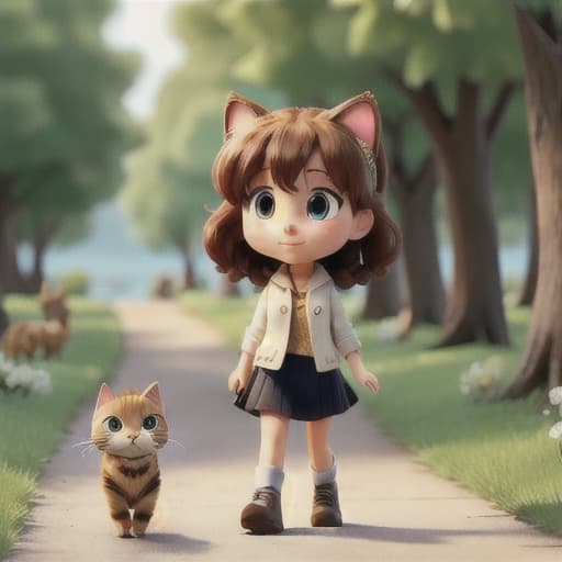  masterpiece, best quality, Cute girl and cat, walk, path, trees, animals, birds