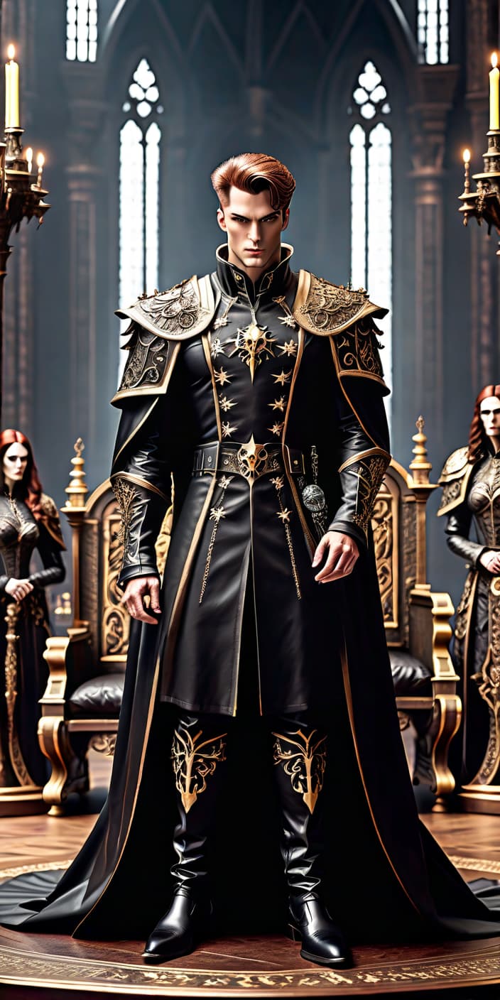  gothic style Full height. The whole body in the frame. Guy. Slim and lean. Thin facial features. Beautiful. Tan. Brown hair down to shoulders. In the world of Warhammer. Psyker. Dark clothing. Black shoes. Posture thoughtful. Against the backdrop of a throne room. . dark, mysterious, haunting, dramatic, ornate, detailed hyperrealistic, full body, detailed clothing, highly detailed, cinematic lighting, stunningly beautiful, intricate, sharp focus, f/1. 8, 85mm, (centered image composition), (professionally color graded), ((bright soft diffused light)), volumetric fog, trending on instagram, trending on tumblr, HDR 4K, 8K