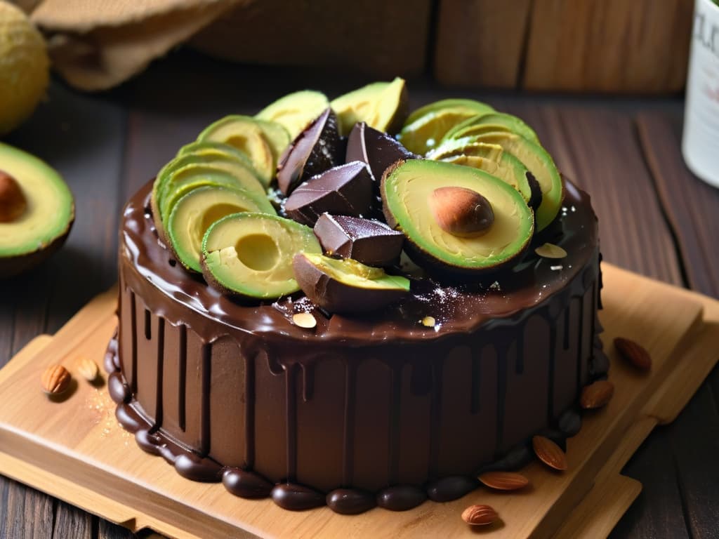  A closeup ultradetailed image of a beautifully styled, mouthwatering avocado chocolate cake topped with sliced almonds and a drizzle of dark chocolate ganache, set on a rustic wooden table with soft natural lighting. The cake is perfectly moist, and the richness of the chocolate is complemented by the creamy avocado, showcasing a balance of indulgence and healthy ingredients that visually embodies the concept of using healthy fats in baking. hyperrealistic, full body, detailed clothing, highly detailed, cinematic lighting, stunningly beautiful, intricate, sharp focus, f/1. 8, 85mm, (centered image composition), (professionally color graded), ((bright soft diffused light)), volumetric fog, trending on instagram, trending on tumblr, HDR 4K, 8K