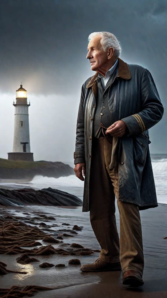  (A weathered old map in the hands of an elderly lighthouse keeper, standing on the shore of a stormy, windswept beach at dusk. The lighthouse stands in the background, its beam cutting through the mist and rain. The waves crash violently against the rocky coastline.) hyperrealistic, full body, detailed clothing, highly detailed, cinematic lighting, stunningly beautiful, intricate, sharp focus, f/1. 8, 85mm, (centered image composition), (professionally color graded), ((bright soft diffused light)), volumetric fog, trending on instagram, trending on tumblr, HDR 4K, 8K