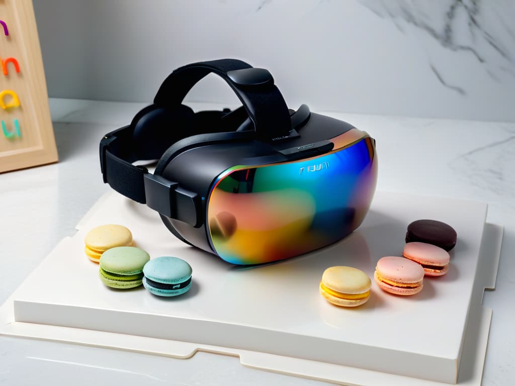  A closeup, ultradetailed 8k image of a sleek, modern virtual reality headset resting on a marble countertop, with soft, natural light filtering in, casting a gentle glow on the matte black finish of the device. The headset is surrounded by delicate, colorful macarons arranged in a perfect circle, each one reflecting a different hue of the rainbow, showcasing the fusion of technology and the artistry of pastrymaking. The contrast between the hightech gadget and the artisanal sweets creates a visually stunning and thoughtprovoking minimalist composition, inviting the viewer to explore the blend of traditional and futuristic learning methods in the world of baking. hyperrealistic, full body, detailed clothing, highly detailed, cinematic lighting, stunningly beautiful, intricate, sharp focus, f/1. 8, 85mm, (centered image composition), (professionally color graded), ((bright soft diffused light)), volumetric fog, trending on instagram, trending on tumblr, HDR 4K, 8K