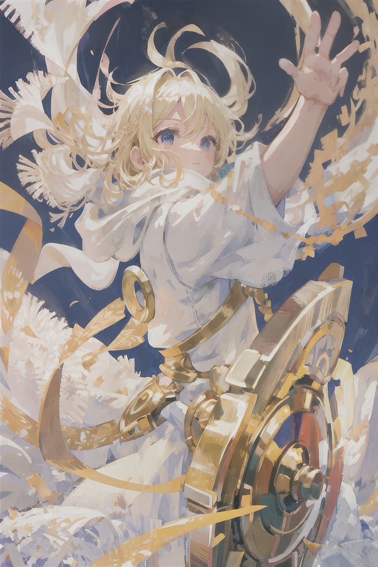  master piece , best quality,Blonde hair, male, holy shield, white scarf