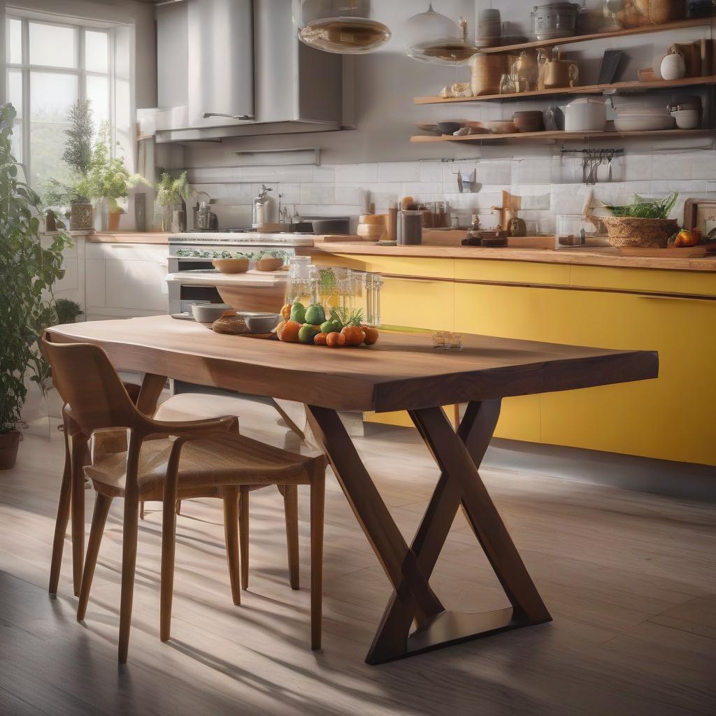  modern table in a modern kitchen hyperrealistic, full body, detailed clothing, highly detailed, cinematic lighting, stunningly beautiful, intricate, sharp focus, f/1. 8, 85mm, (centered image composition), (professionally color graded), ((bright soft diffused light)), volumetric fog, trending on instagram, trending on tumblr, HDR 4K, 8K