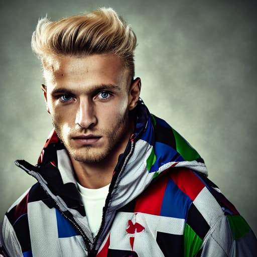 portrait+ style Russian queer footballer blonde hunk dude face