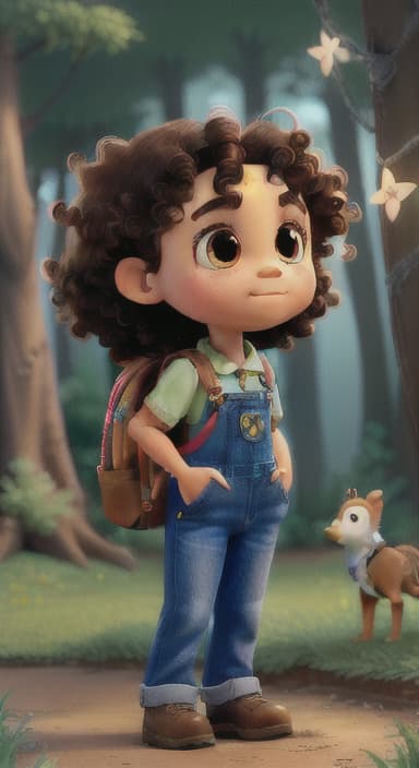  {The tree shining brightly and releasing a gentle, magical light., Riley, a curious with big brown eyes and curly hair, wearing overalls and carrying a small backpack. Their friend, Skye, a bluebird with shiny feathers.