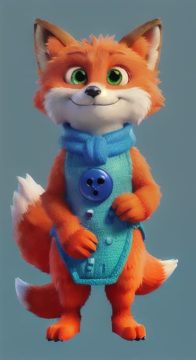  {Error the fox pressing the blue button with his paw, looking puzzled as nothing occurs., Error is a small, bright orange fox with a fluffy tail and big, inquisitive eyes. He has a mischievous yet kind expression and wears a tiny green scarf.