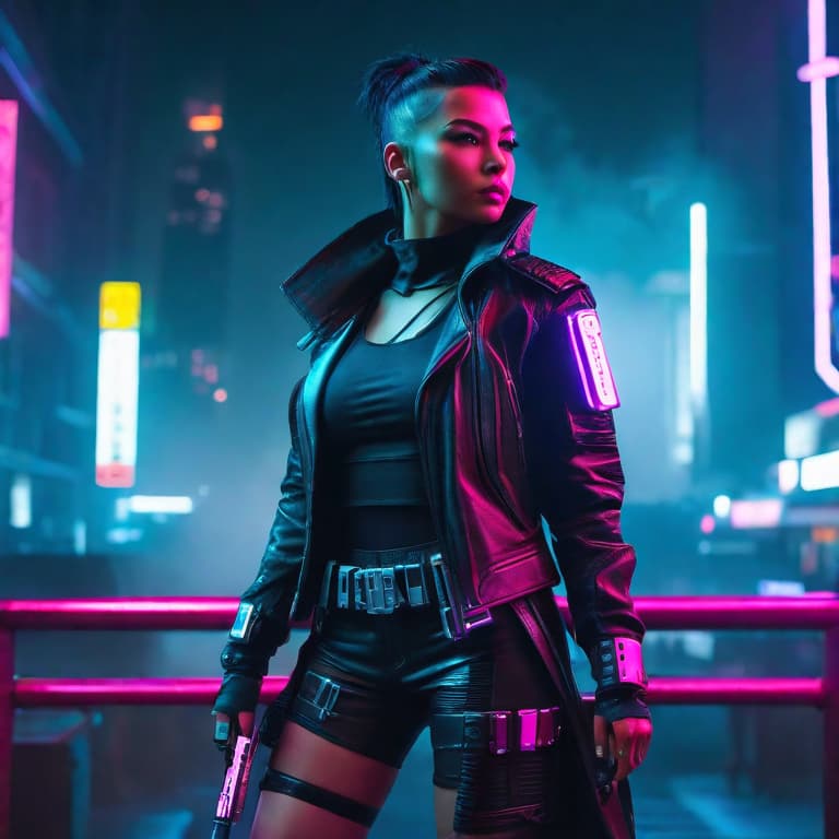  Cyberpunk assassin in a neon-lit cityscape hyperrealistic, full body, detailed clothing, highly detailed, cinematic lighting, stunningly beautiful, intricate, sharp focus, f/1. 8, 85mm, (centered image composition), (professionally color graded), ((bright soft diffused light)), volumetric fog, trending on instagram, trending on tumblr, HDR 4K, 8K