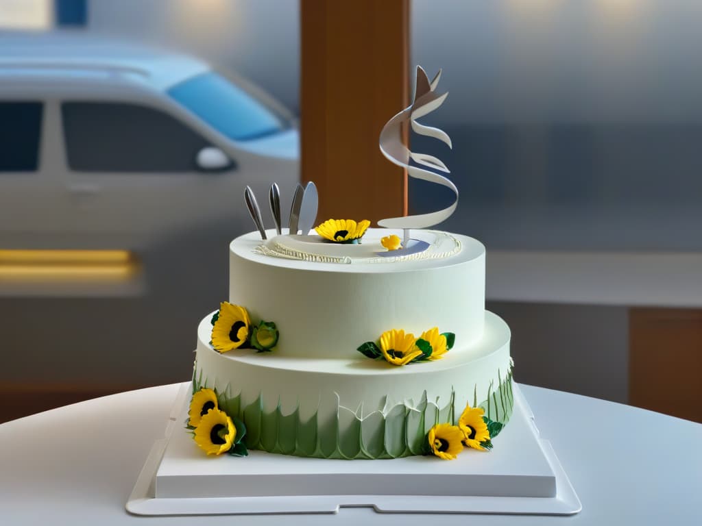  A highly detailed image of a sleek, modern kitchen filled with an array of baking tools and ingredients neatly organized on marble countertops. In the center, a professional baker, wearing a crisp white apron, is skillfully decorating a multitiered wedding cake with intricate floral designs using a piping bag. The sunlight streams through a large window, casting a warm glow on the scene and highlighting the meticulous craftsmanship of the baker. The image exudes a sense of professionalism, creativity, and dedication to the art of pastry making. hyperrealistic, full body, detailed clothing, highly detailed, cinematic lighting, stunningly beautiful, intricate, sharp focus, f/1. 8, 85mm, (centered image composition), (professionally color graded), ((bright soft diffused light)), volumetric fog, trending on instagram, trending on tumblr, HDR 4K, 8K