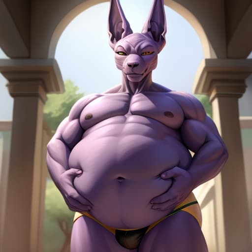  Beerus, male, obese, fat body, big belly, holding belly, jock strap, standing, open eyes, digital art, masterpiece, 4k, fine details,