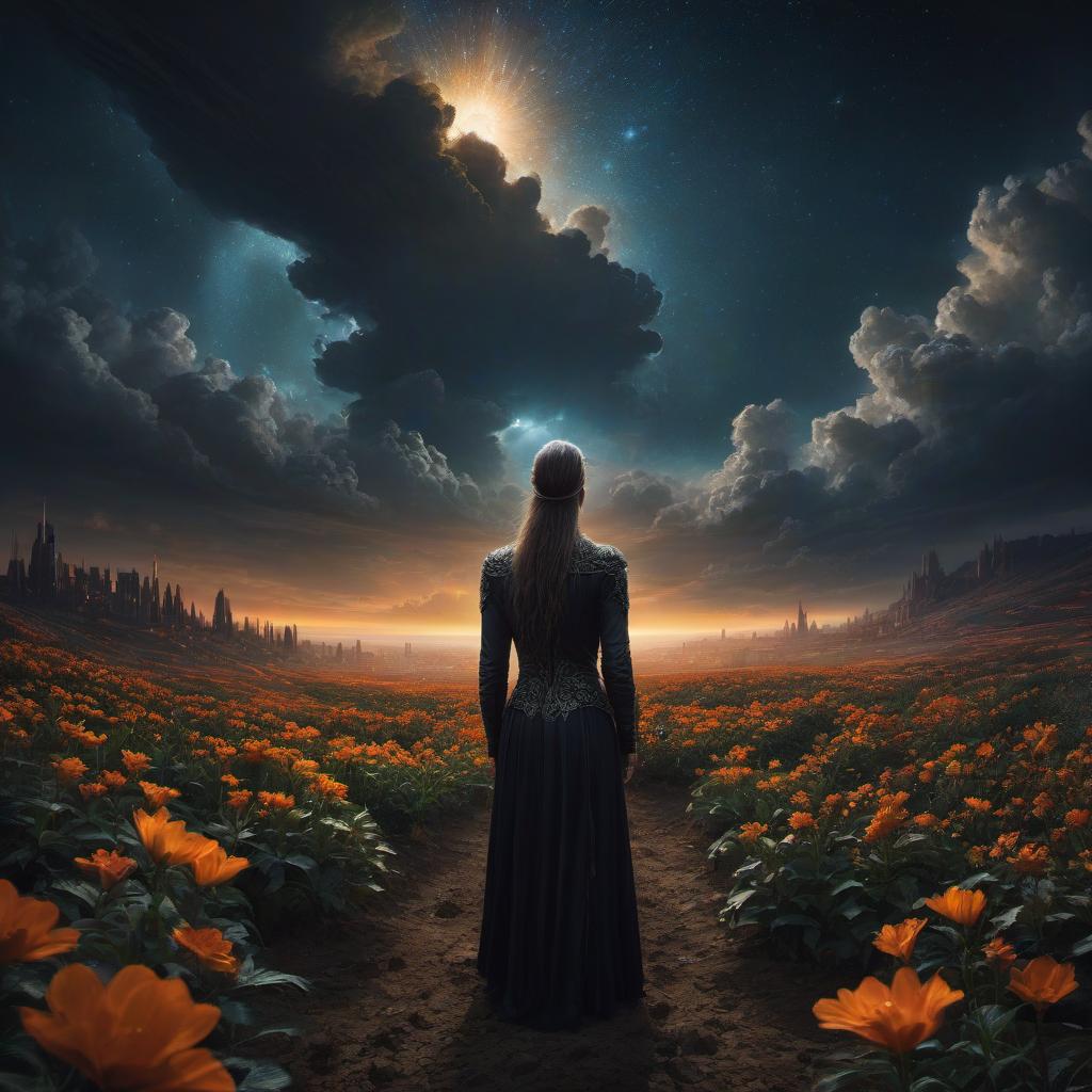  (stylized by Tomasz Alen Kopera:1.3) , dark art, dense flower field and Perseid meteor in background, landscape of a (Barcelona:1.2) , very Bizarre and 1600'S, Hurricane, Glitchcore, Amaro, layered textures, ornate, intricate artistic color, complimentary colors, very inspirational, atmosphere, fine artistic composition, sunny, theatrical hyperrealistic, full body, detailed clothing, highly detailed, cinematic lighting, stunningly beautiful, intricate, sharp focus, f/1. 8, 85mm, (centered image composition), (professionally color graded), ((bright soft diffused light)), volumetric fog, trending on instagram, trending on tumblr, HDR 4K, 8K