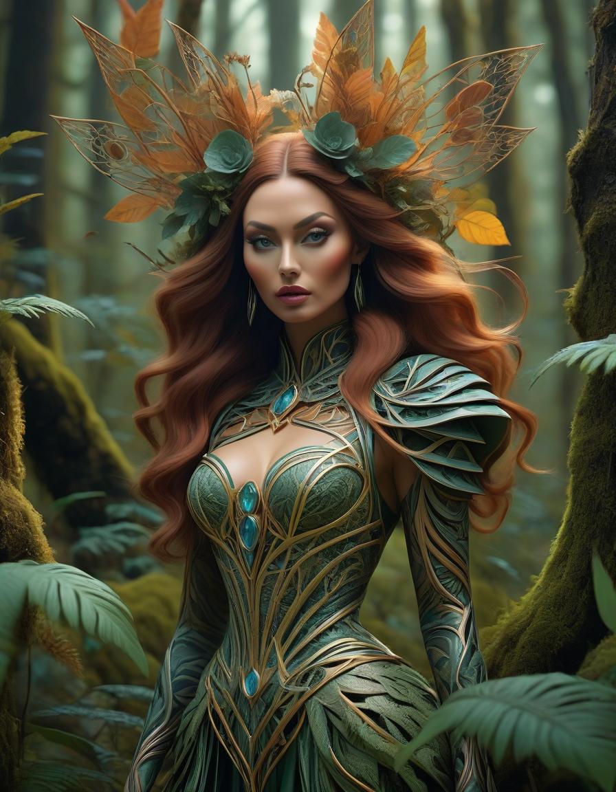  surrealist art A stunning digital painting of a mysterious forest woman with intricate details, geometric patterns, and surreal elements. The artwork is highly detailed, photorealistic, and beautifully balanced, showcasing a masterful blend of fantasy and realism. . dreamlike, mysterious, provocative, symbolic, intricate, detailed hyperrealistic, full body, detailed clothing, highly detailed, cinematic lighting, stunningly beautiful, intricate, sharp focus, f/1. 8, 85mm, (centered image composition), (professionally color graded), ((bright soft diffused light)), volumetric fog, trending on instagram, trending on tumblr, HDR 4K, 8K