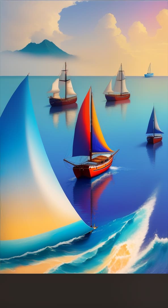  an abstract painting of, a sailboat compilation between four floating sailboats, a wave of a blue sea water, with a beautiful landscape, very colorfully presented, a face of an African woman wearing earrings, , hyperrealistic, high quality, highly detailed, perfect lighting, intricate, sharp focus, f/1. 8, 85mm, (centered image composition), (professionally color graded), ((bright soft diffused light)), trending on instagram, HDR 4K, 8K