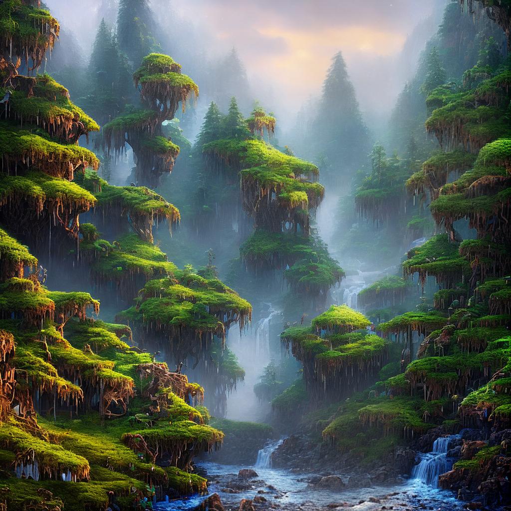  ((masterpiece)),(((best quality))), 8k, high detailed, ultra-detailed. A mystical forest with towering trees and a magical waterfall. The lush greenery creates a vibrant canopy overhead, allowing dappled sunlight to filter through. A majestic waterfall cascades down into a crystal-clear pool, surrounded by moss-covered rocks. A hidden pathway meanders through the dense foliage, inviting exploration. The air is filled with the scent of earth and the melodious songs of birds. Capture the intricate textures of the tree barks, the glistening water droplets, and the vibrant hues of the foliage. Choose a realistic style with a touch of fantasy to bring this enchanting scene to life. Imagine the artwork being created by the talented artist Emily J hyperrealistic, full body, detailed clothing, highly detailed, cinematic lighting, stunningly beautiful, intricate, sharp focus, f/1. 8, 85mm, (centered image composition), (professionally color graded), ((bright soft diffused light)), volumetric fog, trending on instagram, trending on tumblr, HDR 4K, 8K