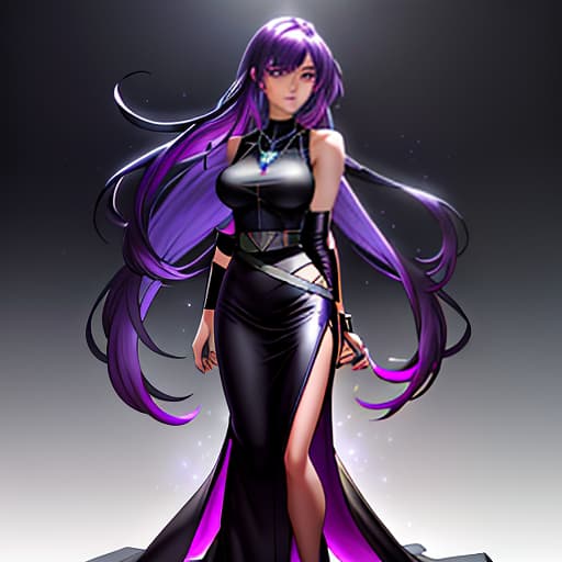  Create an image of an anime character standing in front of a magical world backdrop, with the edges of the background getting darker. The has long, loose hair blowing in the wind. Her outfit consists of a black sleeveless top and a , complemented by leather celets and necklace. The figure is enveloped in light neon lighting in the pink violet spectrum, creating a mystical aura and adding an atmosphere of mystery and power. Prioritize purple and blue tones. hyperrealistic, full body, detailed clothing, highly detailed, cinematic lighting, stunningly beautiful, intricate, sharp focus, f/1. 8, 85mm, (centered image composition), (professionally color graded), ((bright soft diffused light)), volumetric fog, trending on instagram, trending on tumblr, HDR 4K, 8K
