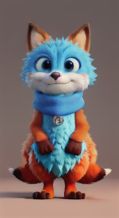  {Error the fox pressing the blue button with his paw, looking puzzled as nothing occurs., Error is a small, bright orange fox with a fluffy tail and big, inquisitive eyes. He has a mischievous yet kind expression and wears a tiny green scarf.