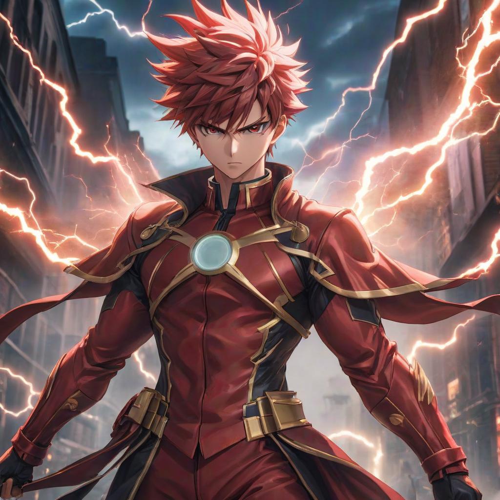  anime artwork An aggressive male anime character, shoots lightning, has many effects, red color is the main one. . anime style, key visual, vibrant, studio anime, highly detailed hyperrealistic, full body, detailed clothing, highly detailed, cinematic lighting, stunningly beautiful, intricate, sharp focus, f/1. 8, 85mm, (centered image composition), (professionally color graded), ((bright soft diffused light)), volumetric fog, trending on instagram, trending on tumblr, HDR 4K, 8K