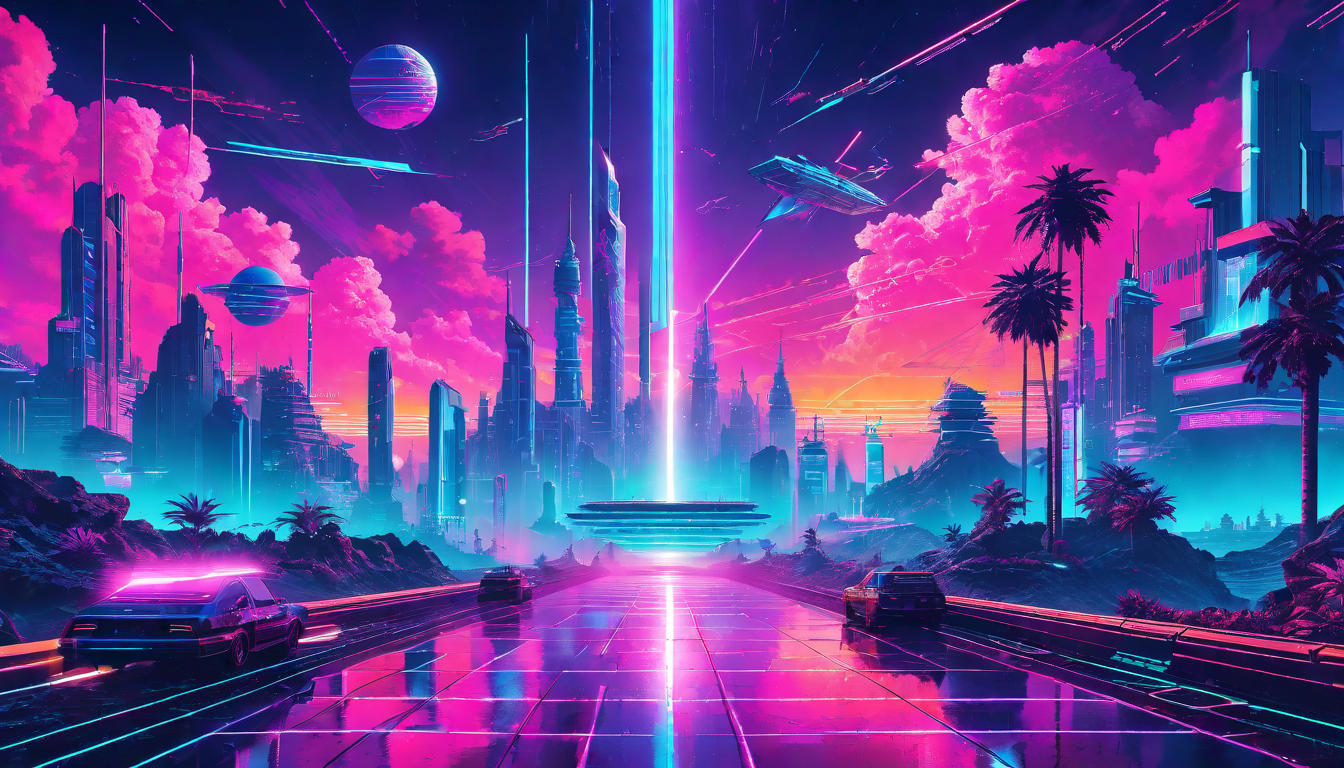  vaporwave,cyberpunk game style Beacon of cosmic magnificence, radiant light, glorious and inspiringeon, dystopian, futuristic, digital, vibrant, detailed, high contrast, reminiscent of cyberpunk genre video games,retro aesthetic, cyberpunk, vibrant, neon colors, vintage 80s and 90s style, highly detailed