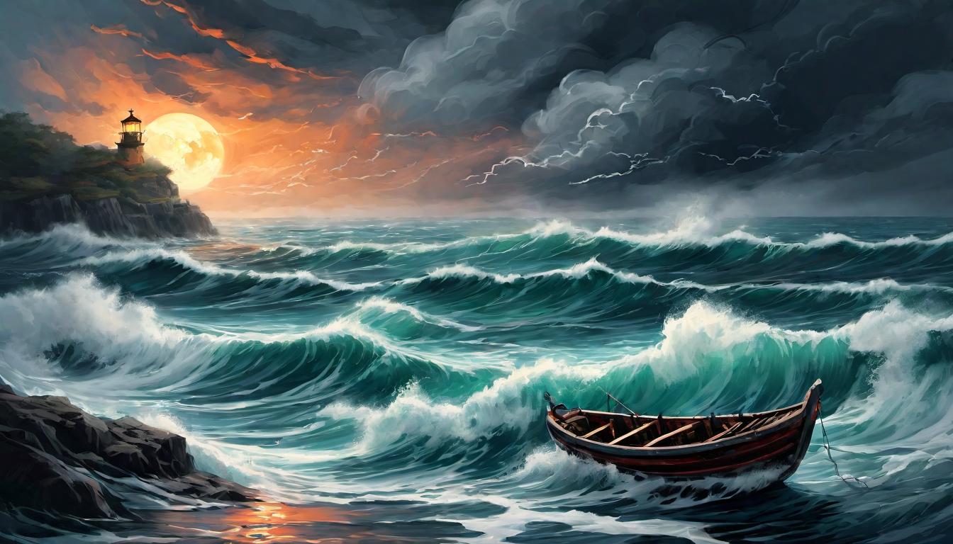  digital painting of A stormy sea under dark, swirling clouds, a single lantern glowing faintly on a small boat amidst tumultuous waves. Isolation, search for guidance, resilience, beacon of hope in despair, dramatic contrast looking at viewer, dynamic pose, (intricate details, masterpiece, best quality)