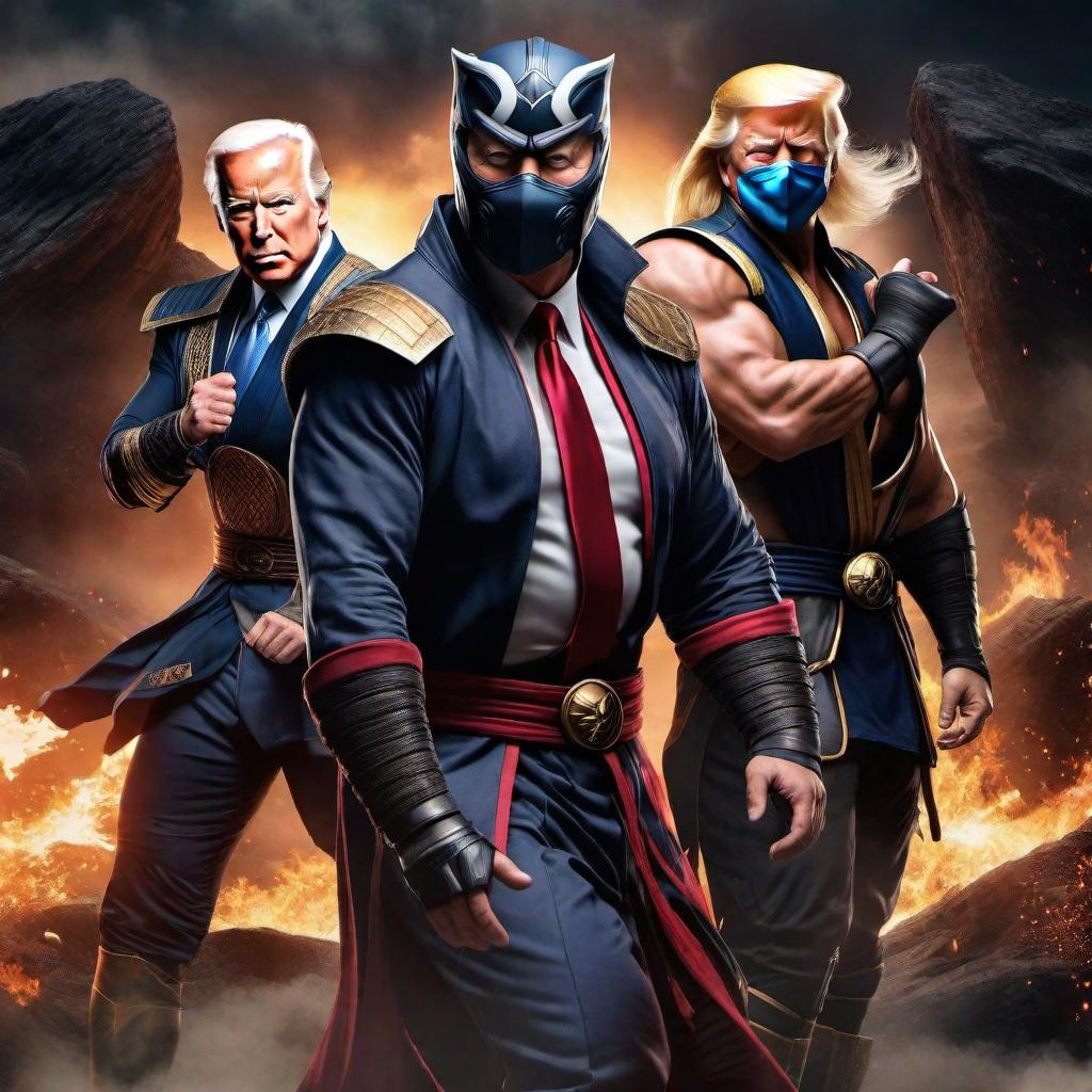  /hiresai Donald trump and Joe Biden mortal kombat style hyperrealistic, full body, detailed clothing, highly detailed, cinematic lighting, stunningly beautiful, intricate, sharp focus, f/1. 8, 85mm, (centered image composition), (professionally color graded), ((bright soft diffused light)), volumetric fog, trending on instagram, trending on tumblr, HDR 4K, 8K