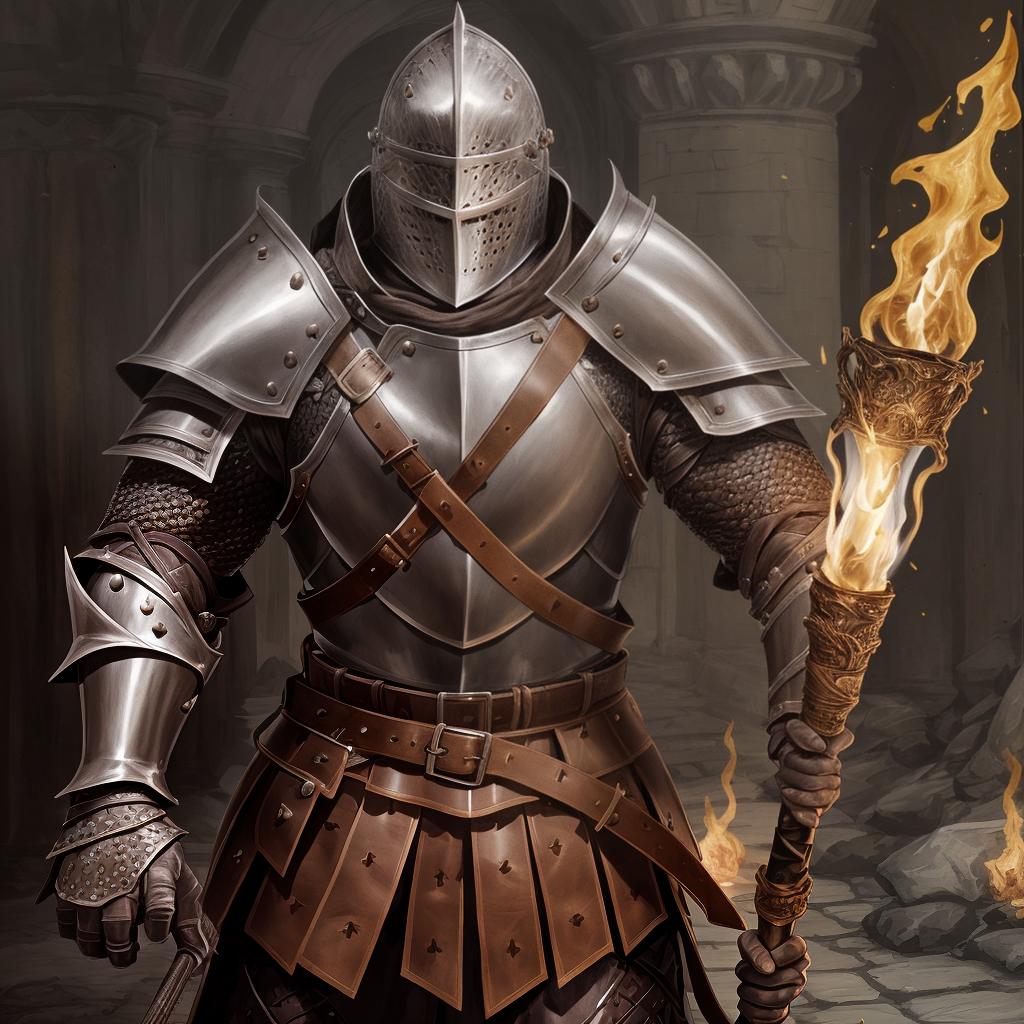  knight, leather brown armor, holding torch and stick