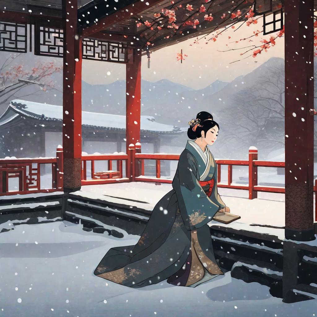  masterpiece, best quality,Ancient costume style, snow scene at night, a dilapidated small courtyard, a woman dressed in shabby Japanese and Chinese clothes lying on the ground, the courtyard is covered with fine snow, dim lighting, sad atmosphere, 16:9 ratio