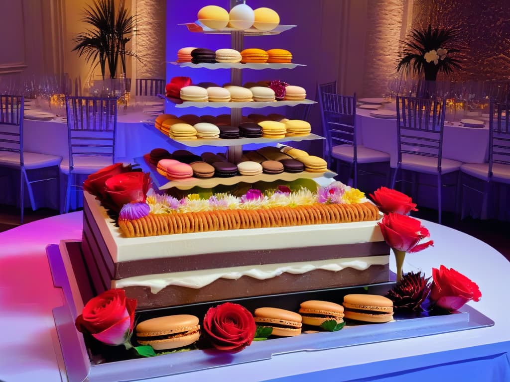  A photorealistic image of a beautifully crafted dessert table at an elegant event, showcasing a fusion of different cultural desserts like macarons, churros, tiramisu, and mochi arranged artfully on tiered trays. The table is adorned with fresh flowers, elegant tableware, and soft candlelight, creating a sophisticated and inviting ambiance. The desserts are colorful and intricately designed, appealing to both the eyes and the taste buds, making it a perfect centerpiece for any fusion event. hyperrealistic, full body, detailed clothing, highly detailed, cinematic lighting, stunningly beautiful, intricate, sharp focus, f/1. 8, 85mm, (centered image composition), (professionally color graded), ((bright soft diffused light)), volumetric fog, trending on instagram, trending on tumblr, HDR 4K, 8K