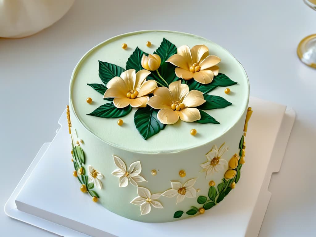  An ultradetailed closeup image of a delicate floral pattern painted with edible gold paint on a smooth white fondant cake. The intricate design showcases the precision and artistry that can be achieved with edible paint in pastry decoration. Each petal and leaf is meticulously detailed, shimmering under the light to create a mesmerizing visual effect. The image exudes elegance and professionalism, serving as a perfect visual representation of the expert tips and techniques discussed in the article. hyperrealistic, full body, detailed clothing, highly detailed, cinematic lighting, stunningly beautiful, intricate, sharp focus, f/1. 8, 85mm, (centered image composition), (professionally color graded), ((bright soft diffused light)), volumetric fog, trending on instagram, trending on tumblr, HDR 4K, 8K