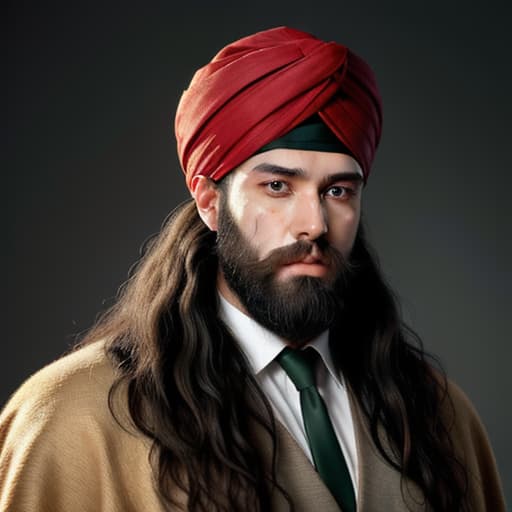  a portrait of A quarter height man, thin skin, curly hair, long tidy beard,has a green large turban, has big black pupils, has a red mark on his cheek, and a red mark on his body, with a dark nose, good voice, and a flat head standing alone hyperrealistic, full body, detailed clothing, highly detailed, cinematic lighting, stunningly beautiful, intricate, sharp focus, f/1. 8, 85mm, (centered image composition), (professionally color graded), ((bright soft diffused light)), volumetric fog, trending on instagram, trending on tumblr, HDR 4K, 8K